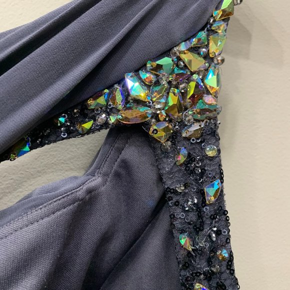 La Femme One Shoulder Asymmetrical Floor Length Dress with Open Back and Gems - Picture 7 of 10